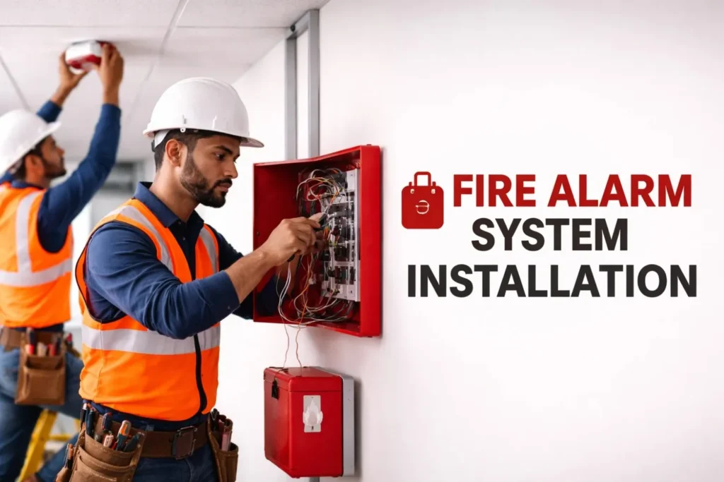 Fire alarm system installation in progress