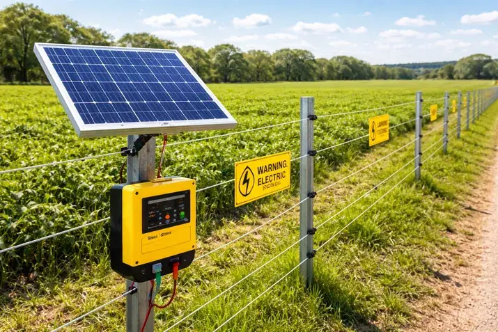 Solar powered electric fence in farmland