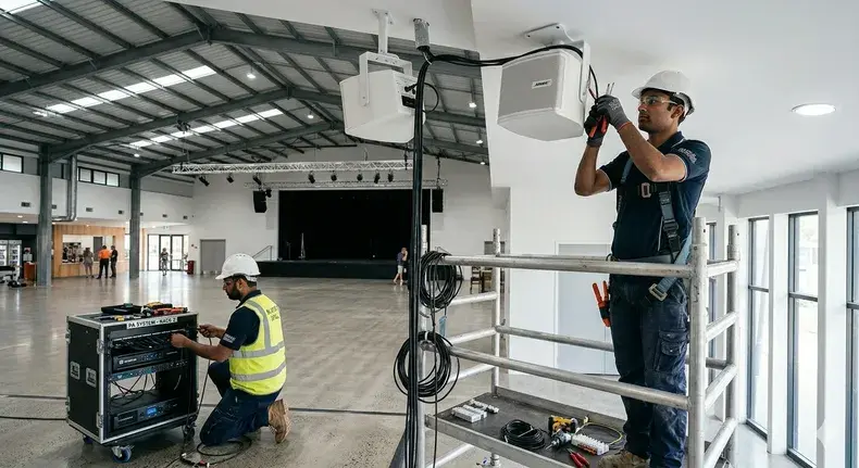 Technicians installing a public address system in a large venue.