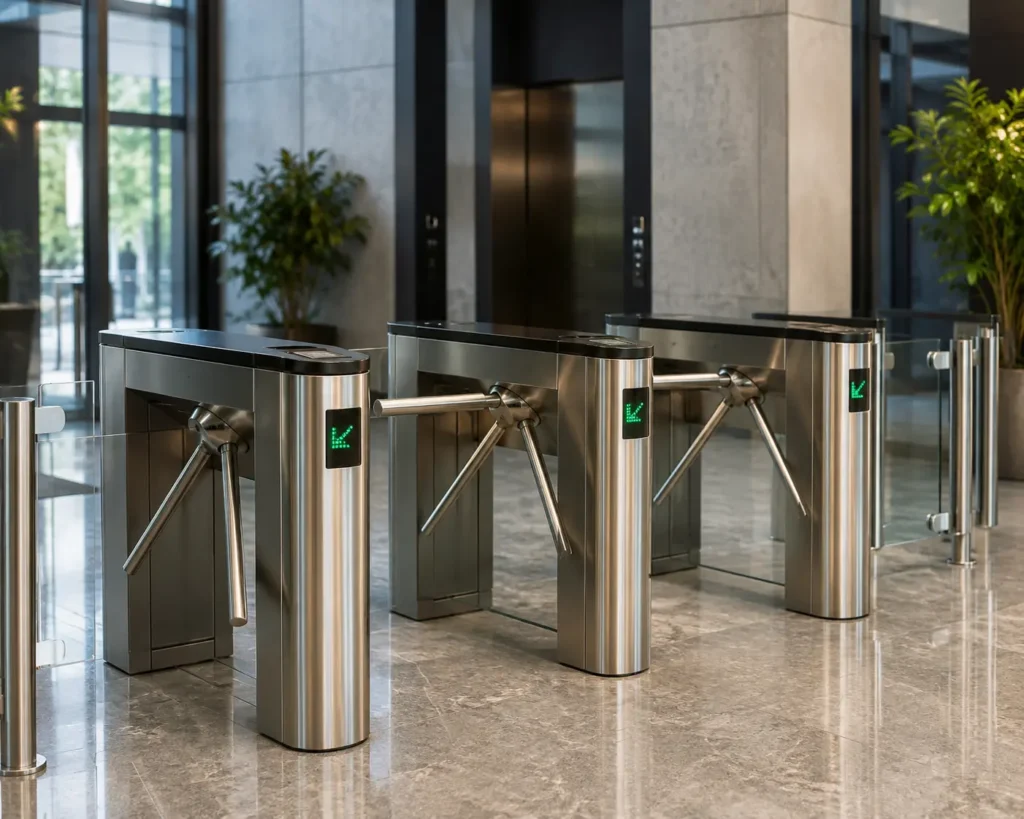 Modern corporate lobby with turnstiles