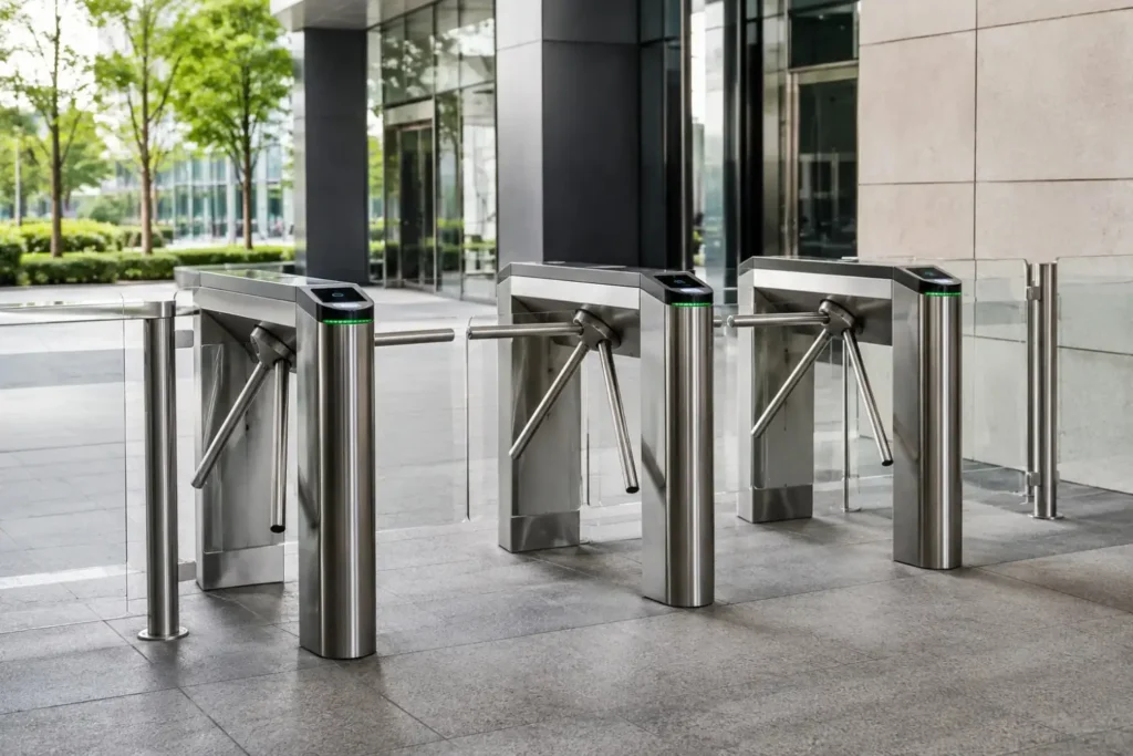 Modern entrance with stainless-steel turnstiles