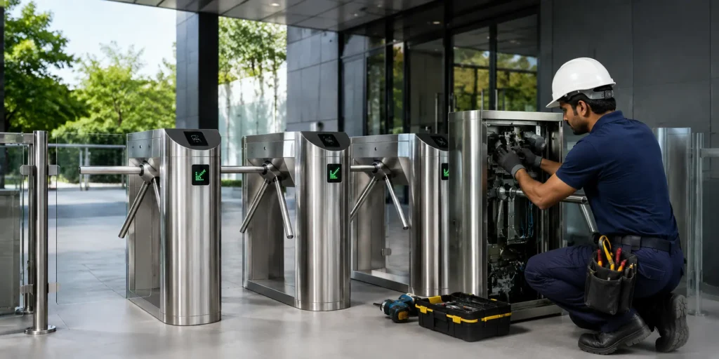 Worker servicing turnstile at office entrance